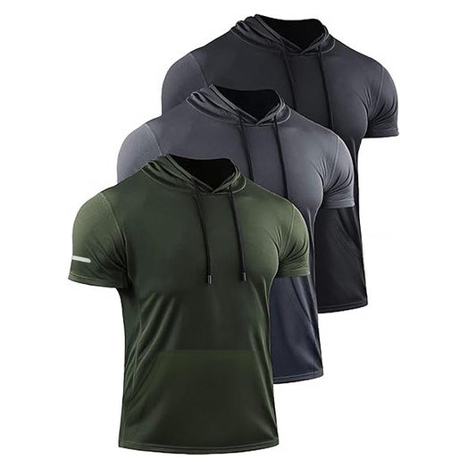 Zengvee 3 Pcs Men'S Short Sleeve Sweatshirt Quick Drying Moisture Wicking Mesh Athletic Hooded T-Shirt Simple Versatile Casual Sports Suitness Tops