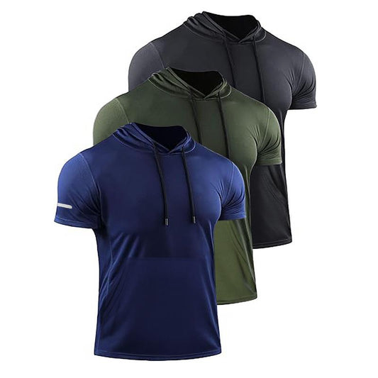 Zengvee 3 Pcs Men'S Short Sleeve Sweatshirt Quick Drying Moisture Wicking Mesh Athletic Hooded T-Shirt Simple Versatile Casual Sports Suitness Tops